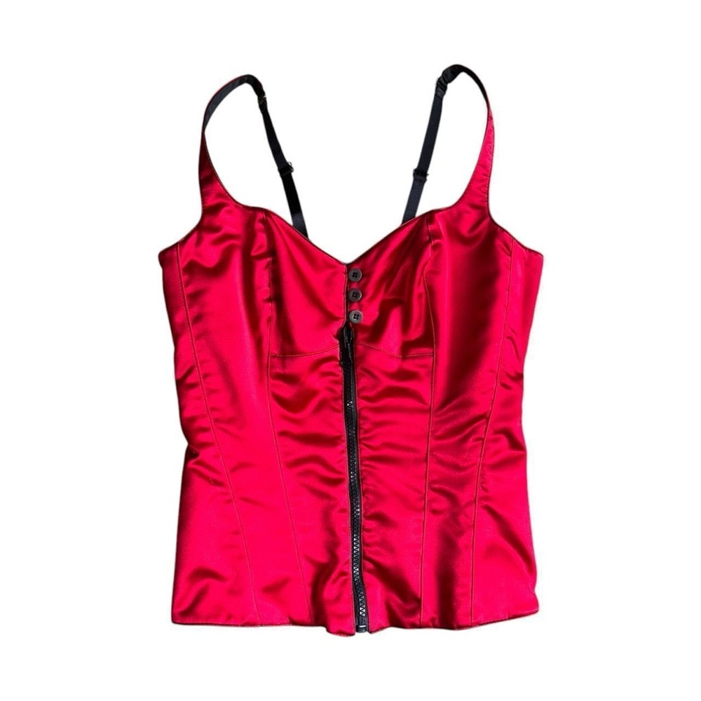 90s VTG romantic goth red black satin corset top with adjustable straps size 34